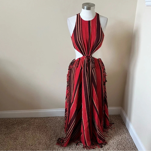Ulla Johnson Caterina Red Black Stripe Fringed Maxi Dress 17882 - Picture 3 of 12